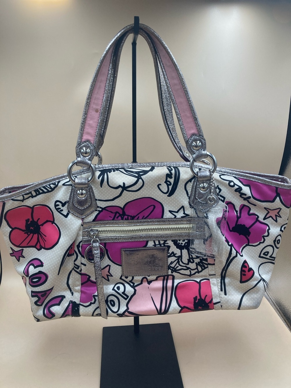 Coach Pink and Silver Floral Graphic Shoulder Bag